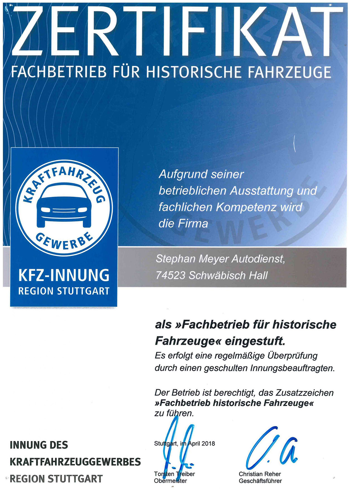 Zertifikat der KFZ-Innung als Fachbetrieb historische Fahrzeuge